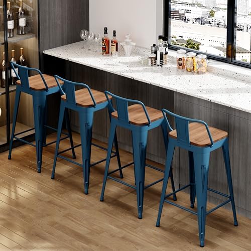 24" Barstools Set of 4 Counter Height Bar Stools Side Chair-Distressed Navy