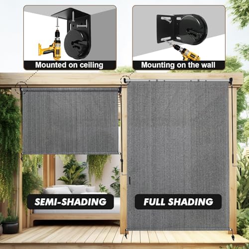 Artpuch Outdoor Roller Shade 8' W x 8' H, Gray Exterior Cordless Pati...