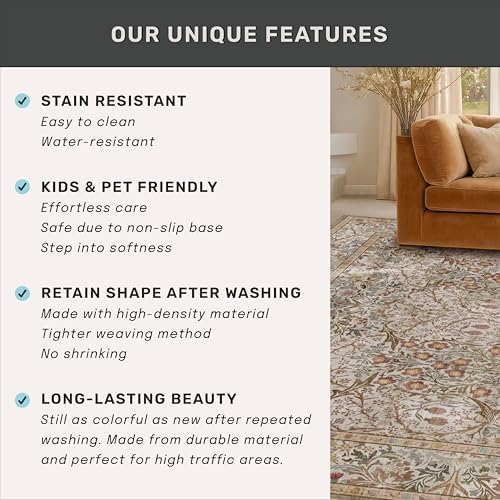 Washable 9x12 Living Room Rug - Moss Brown Floral Area Rug for Dining Room Un...