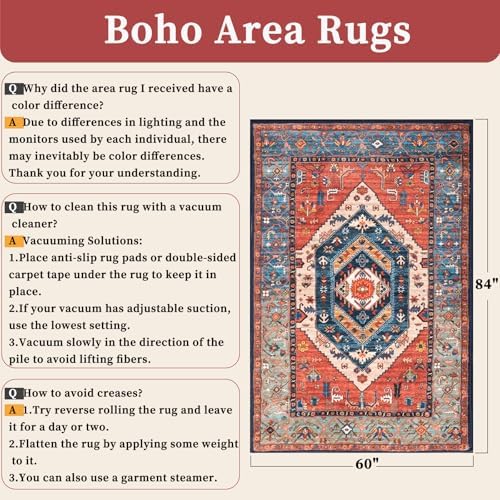 SERISSA 5x7 Washable Non Slip Boho Area Rug for Living Room,Rust