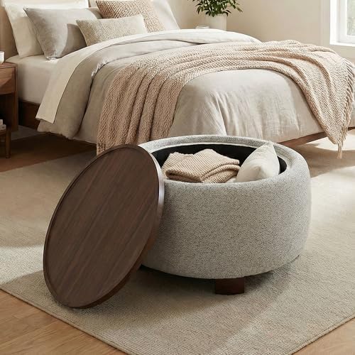 VKNOW 30 Inch Fabric Round Storage Ottoman with Wood Lift-Off Lid, Brown