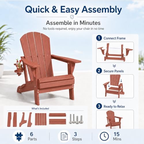 Folding Adirondack Chairs Set of 2 with Cup Holder, Heavy Duty HDPE Plastic O...