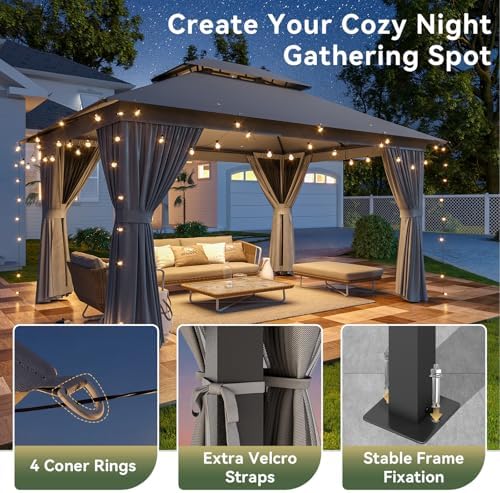 12'x10' Gazebo with Light, Outdoor Gazebo with Double Roofs