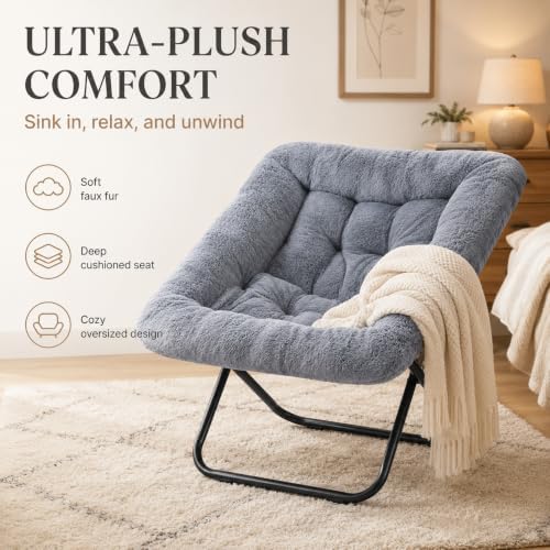 Simple Deluxe Oversized Square Moon Chair for Adults, Soft Faux Fur Folding L...