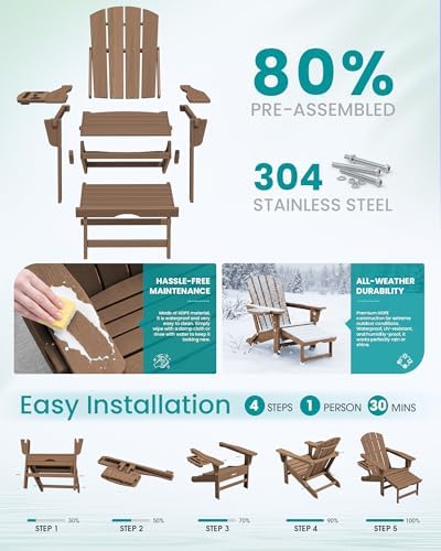 SERWALL Folding Adjustable Adirondack Chair with Footrest, HDPE Outdoor Chair...