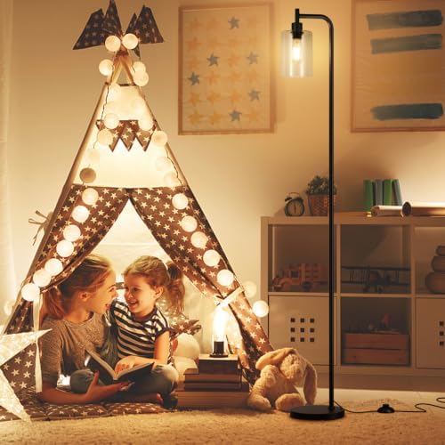 Ziisee Industrial Floor Lamp with Glass Shade - Black, LED Bulbs, Foot Pedal ...