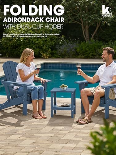 KINGYES Folding Adirondack Chair Set of 2 with 2 Cup Holders, Navy