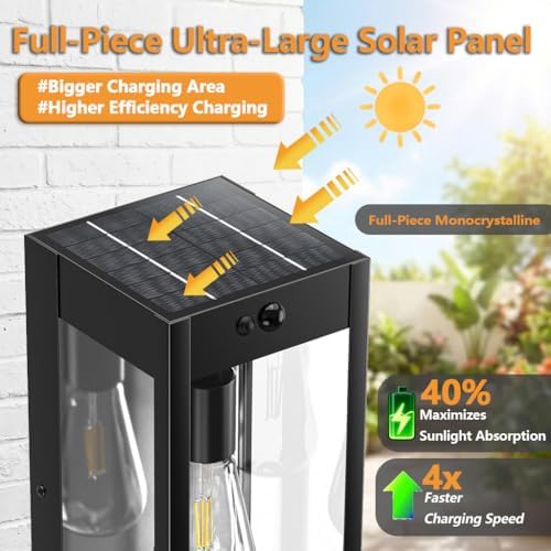16" Large Solar Porch Lights Outdoor 2-Pack, Matte Black