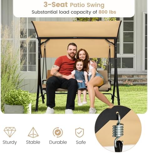 HAPPYGRILL 3-Seat Outdoor Porch Swing with Adjustable Canopy, Armrests, Metal...