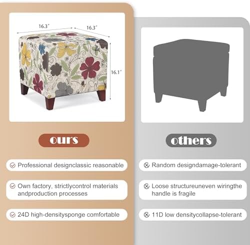 Adeco Floral Printed Linen Ottoman, 16.3" Upholstered Cube Foot Stool wi...