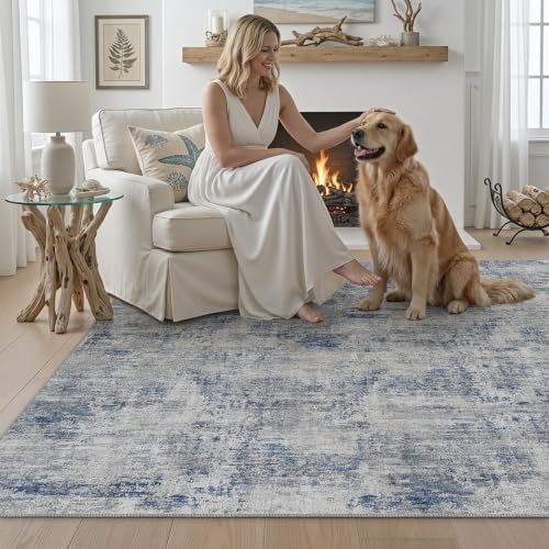 DEXI 6x9 Abstract Area Rugs for Living Room, Washable Rug for Bedroom, Blue