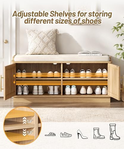 Akxomel 39.4" Fluted Shoe Storage Bench 2 Doors Wooden Entryway Bench Oak