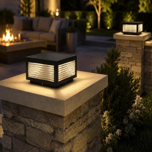 Solar Post Lights Outdoor, 9.8" Square Large Column Light with RC