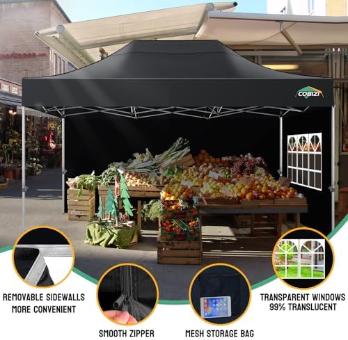 COBIZI 10x15 Heavy Duty Pop Up Canopy Tent with 4 Sidewalls, Black