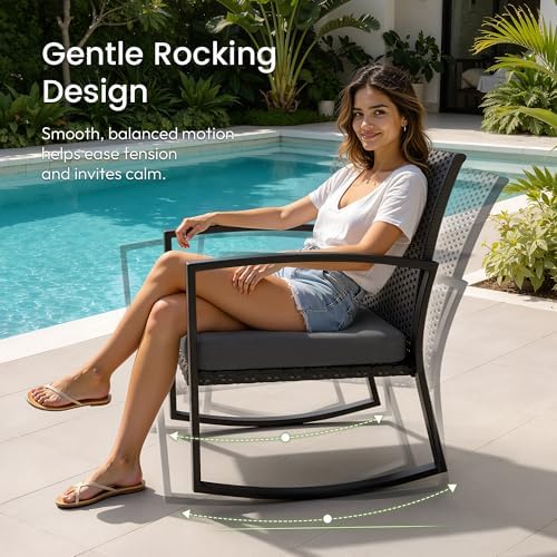 Rocking Patio Bistro Sets - All-Weather - 3 Piece Rattan Conversation Furnitu...