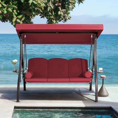 HOMREST 3 Person Porch Swing with Adjustable Canopy, Patio Swing with Stand