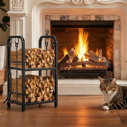 Vailge Firewood Rack Indoor with 4 Pieces Long&Detachable Fireplace Tools...