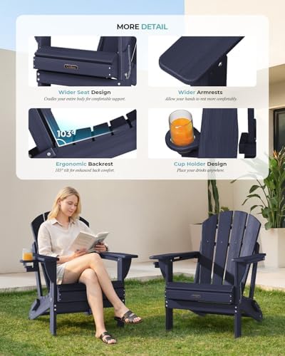 Ciokea Folding Adirondack Chairs Set of 2, Patio Adirondack Chair Weather Res...
