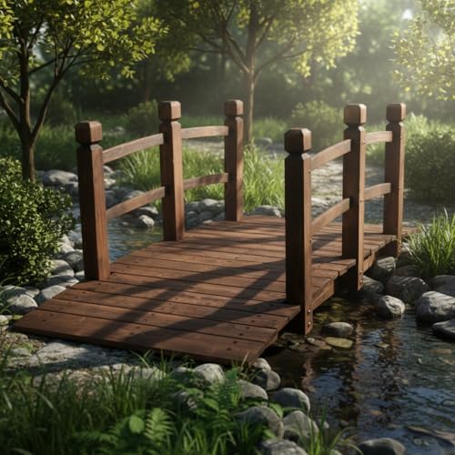 5FT Wooden Garden Bridge with Handrails, Decorative Landscape Footbridge for ...