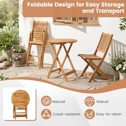 GIANTEX 3 Pieces Acacia Wood Bistro Set, Outdoor Folding Table & Chairs