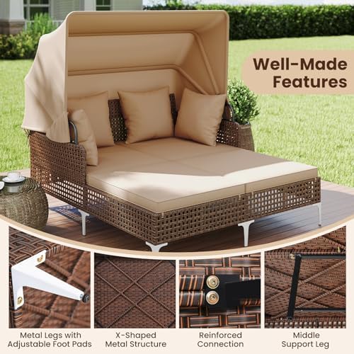 Tangkula Outdoor Rattan Daybed with Retractable Canopy, Boho Patio Wicker Sun...