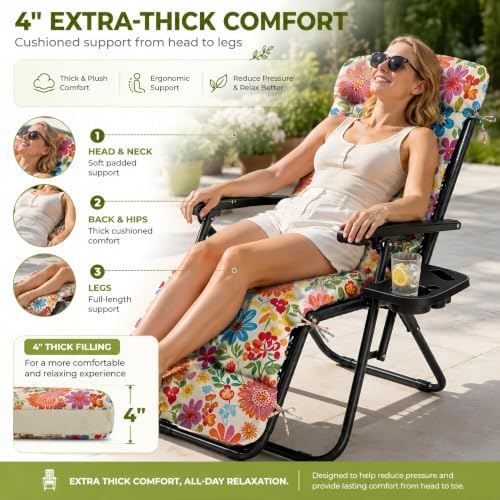 Patio Chaise Lounge Chair Cushion, Waterproof Zero Gravity Chair Cushion with...