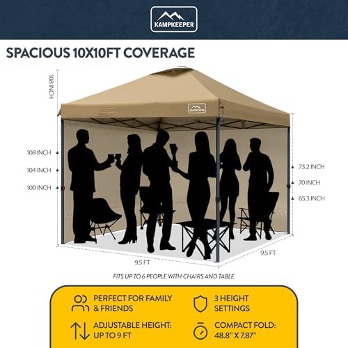 KAMPKEEPER Outdoor Pop-Up Canopy Tent with 2 Sidewalls, Khaki, 10 x 10 Ft
