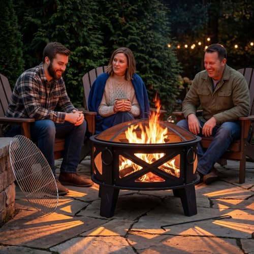 Fire Beauty 26" 2-in-1 Fire Pit with BBQ Grill, Spark Screen & Poker...