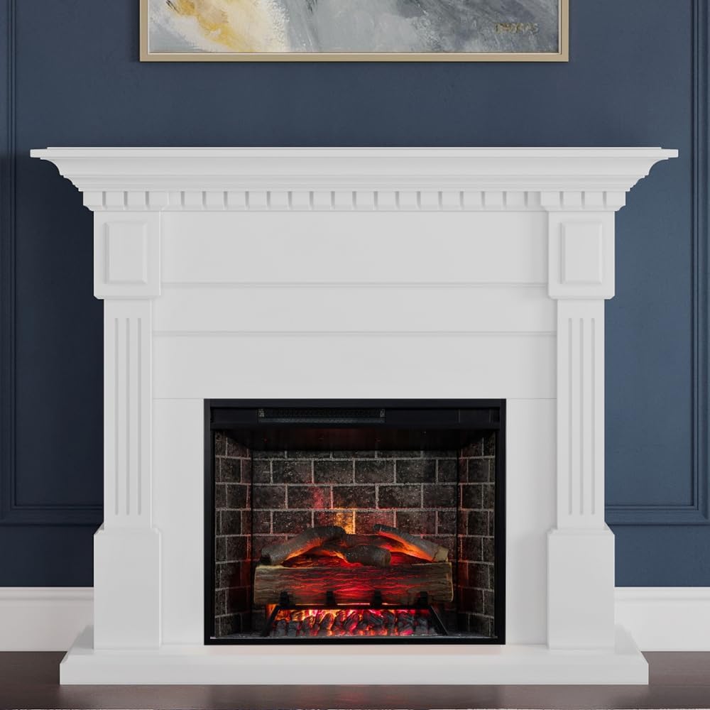 Modern Ember Augustine White Mantel Package 55" W x 48" H with 28 I...