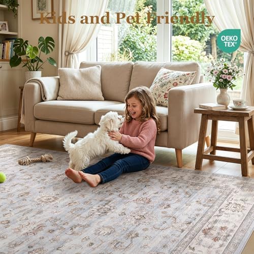 WITSHOCK Washable Area Rug 12x15 Non-Slip Floral Carpet, Gray/Light Blue