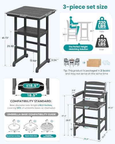 SERWALL 3 Pcs HDPE Bar Height Chairs and Double Layer Pub Table Set, Gray