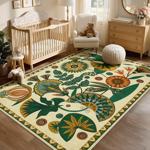 Joydeco Boho Washable Egypt Floral Beige 5x7 Area Rugs for Living Room