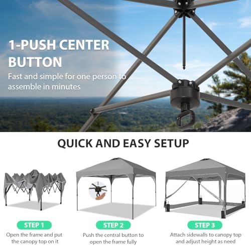 8x8FT 1-Button Push Pop Up Canopy Tent with 4 Clear PVC Sidewalls