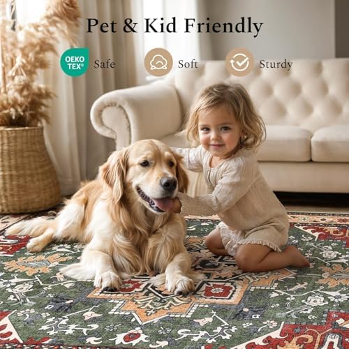 Rugflix 9x12 Area Rugs for Living Room, Washable Red Green Large Rug