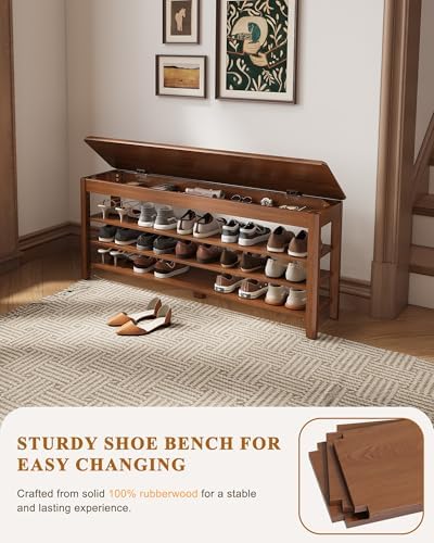 IUNVR Shoe Rack Bench Seat Rubberwood 3-Tier Wooden Storage Bench 550lbs Comp...