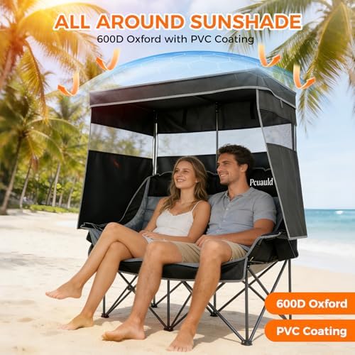 Double Camping Chair with Canopy Heavy Duty 2 Person Folding Loveseat Beach C...