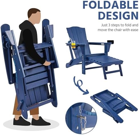 Yaheetech Adirondack Chairs 1pcs Outdoor Folding Set with Ottoman,Navy Blue