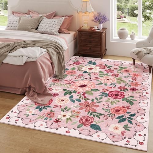 DUKINO 5x7 Area Rugs, Floral Washable Rug for Living Room Non Slip, Pink