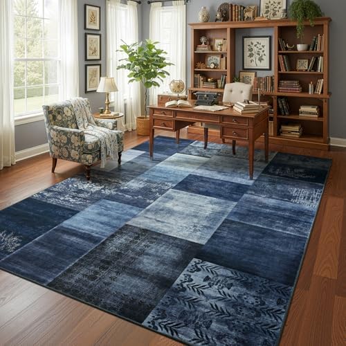 DweIke Washable Area Rugs 4x6 for Living Room, Modern Geometric Navy Blue Sof...