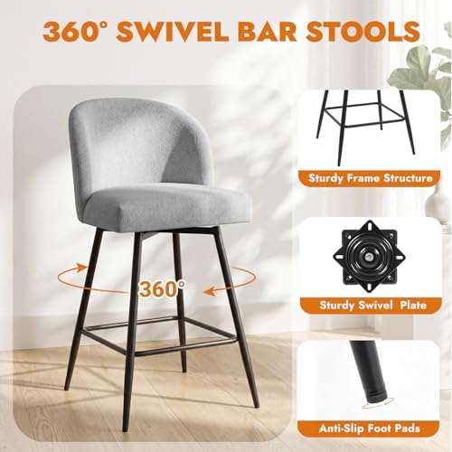 Counter Height Bar Stools Set of 2, 360° Swivel Upholstered Barstools with Ba...