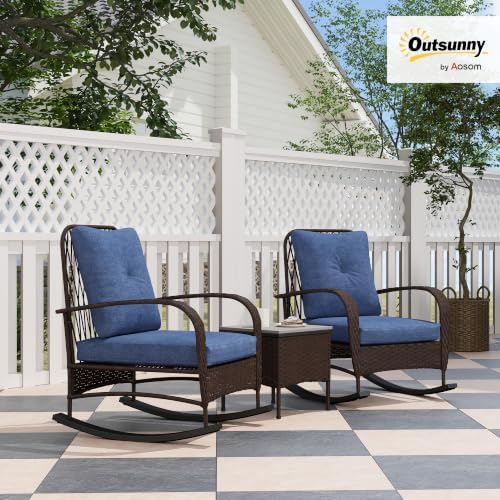 Outsunny 3 Piece Wicker Patio Furniture Set Rocking Chairs Cushions Brown