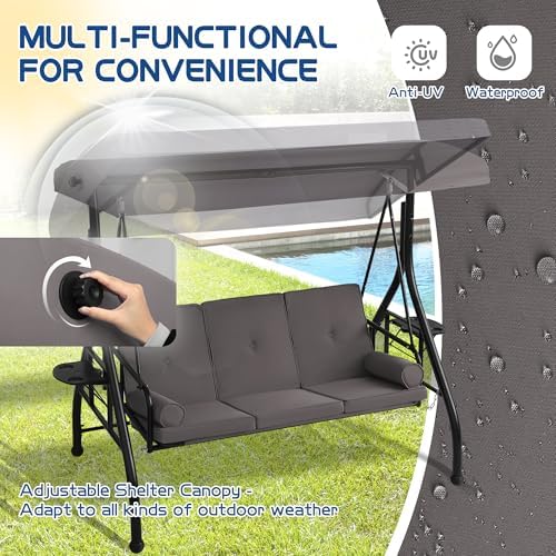 Porch Swings with Adjustable Canopy, 3 Seat Outdoor Swing Bed, Gray