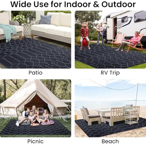 Smiry Outdoor Rug 5x8 ft Waterproof Reversible Boho Mat, Dark Grey