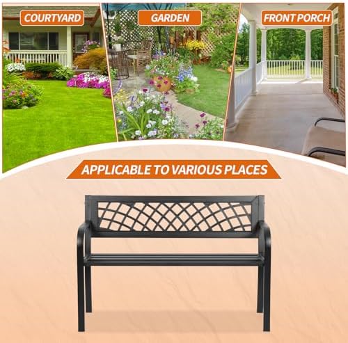 Outdoor Bench,Patio Garden Benches,Metal Weatherproof Porch Bench with Grid-P...