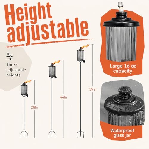 4 Pack Glass Citronella Torches, 16 oz Garden Torches for Outside with 3-Pron...