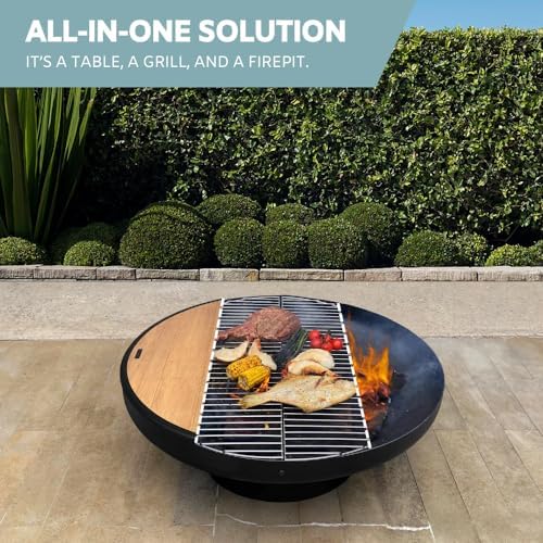 DENKOE 32 Inch Round Fire Pit Table with Fire Pit Grill, Extra Thick, Heavy D...