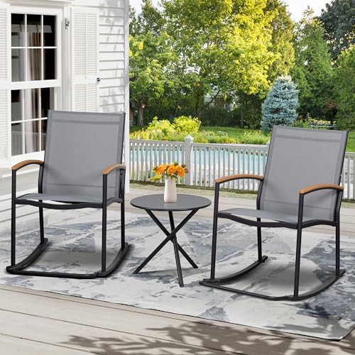 Shintenchi 3 Piece Outdoor Rocking Bistro Set, Textilene Fabric Small Patio F...