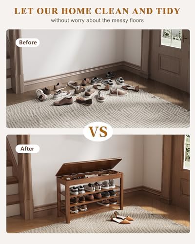 IUNVR Shoe Rack Bench Seat Rubberwood 3-Tier Wooden Storage Bench 550lbs Comp...