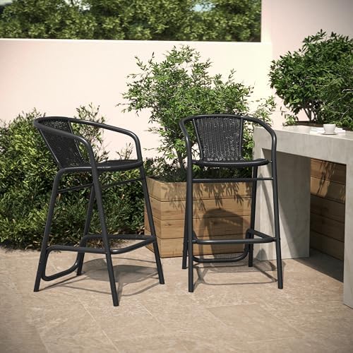 Flash Furniture PE Rattan Indoor/Outdoor Restaurant Barstool, Black, 2-Pack