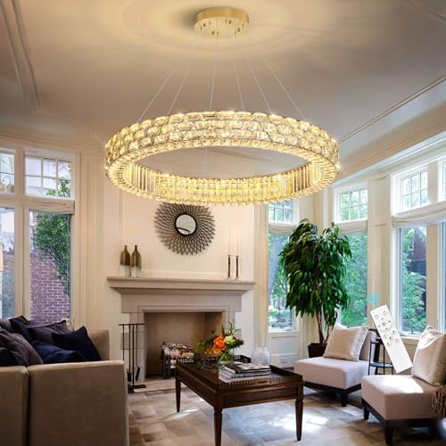 Modern Crystal Chandelier for Living Room Dimmable LED Pendant Light Round Ha...